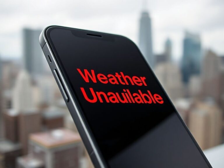 A split-screen image showing a frustrated iPhone user looking at a blank Apple Weather app on one side and a working weather