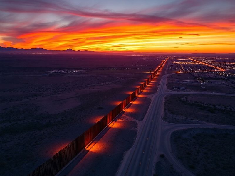 A wide-angle view of the US-Mexico border fence running through a desert landscape, with distant mountains under a clear sky.