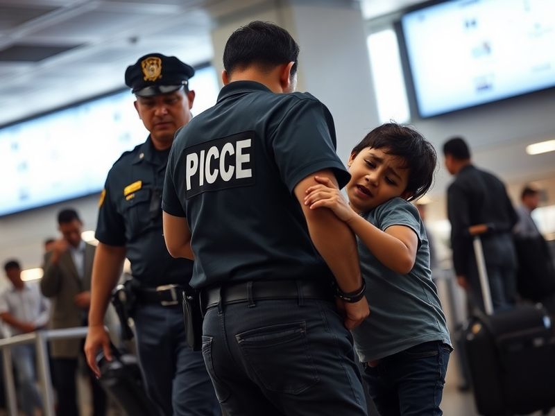 A courtroom scene with an immigration judge presiding over a deportation hearing, a family in the background separated by a g