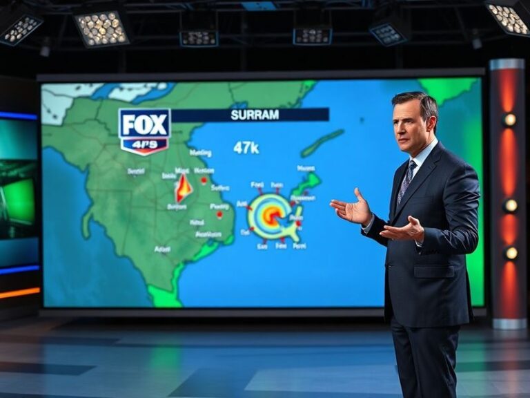 A split-screen image showing a Fox 4 Weather meteorologist in a modern studio, pointing to a Doppler radar display on one sid