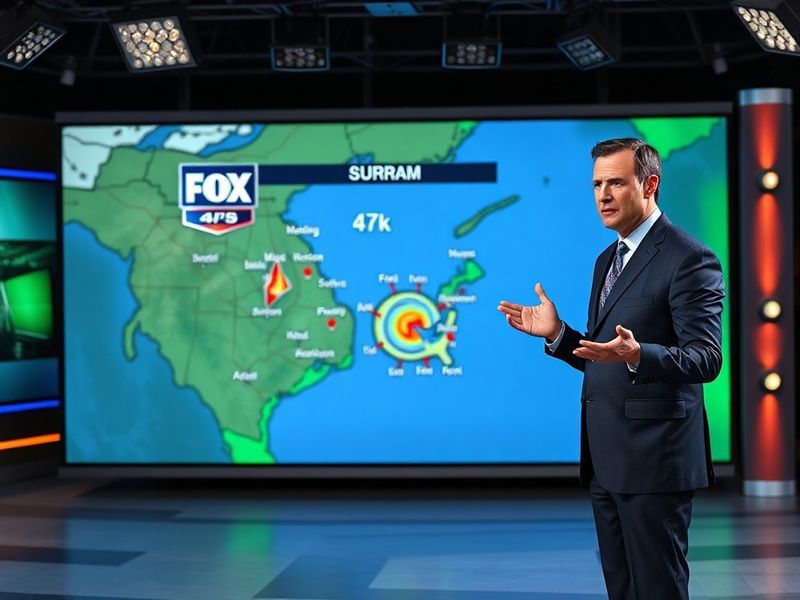 A split-screen image showing a Fox 4 Weather meteorologist in a modern studio, pointing to a Doppler radar display on one sid