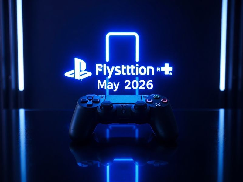 A split-screen image showing a PS5 controller in one half and a collage of upcoming PS Plus game covers in the other, with a