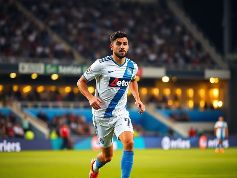 Fabian Ruiz in action during a Napoli match, wearing the blue home kit, mid-dribble with focused expression, surrounded by bl