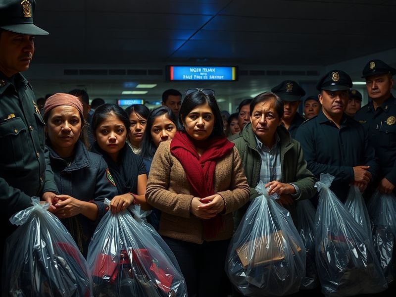 A divided image: one side shows a courtroom with a judge, lawyers, and an immigrant family; the other side depicts a deportat
