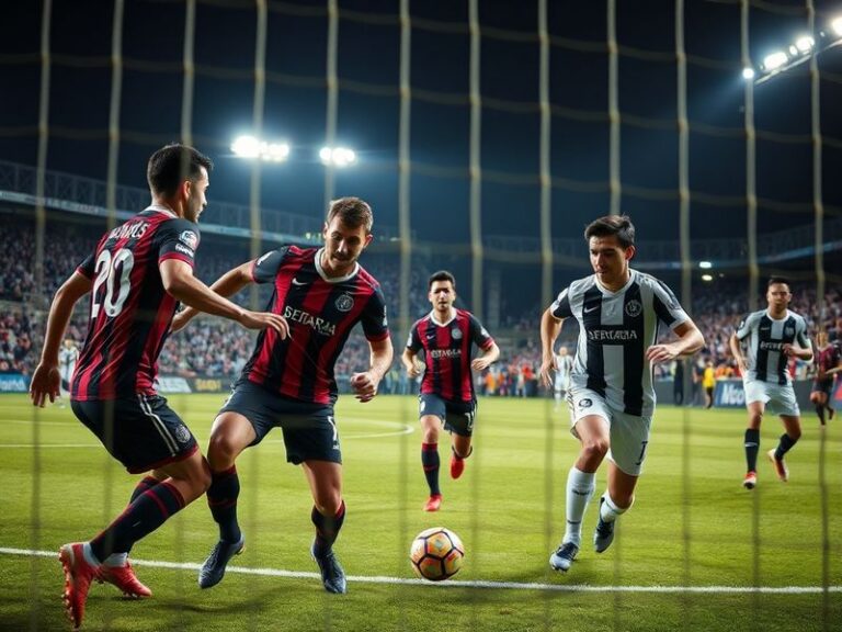 A vibrant stadium scene with fans in blue and white (San Lorenzo) and white with black stripes (Santos) flags, players in act