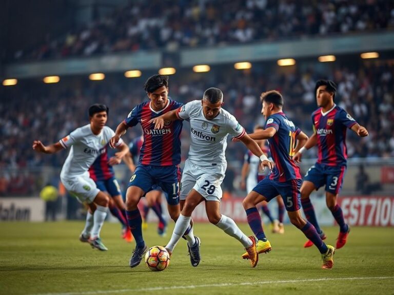 A dynamic action shot of a Lanús vs LDU Quito match, featuring players in mid-play on a vibrant pitch with Lanús' blue and re