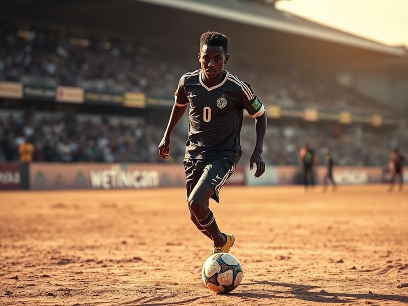 A dynamic action shot of Sayon Keita mid-sprint on a tartan track, wearing Senegal's national colors, with a blurred stadium