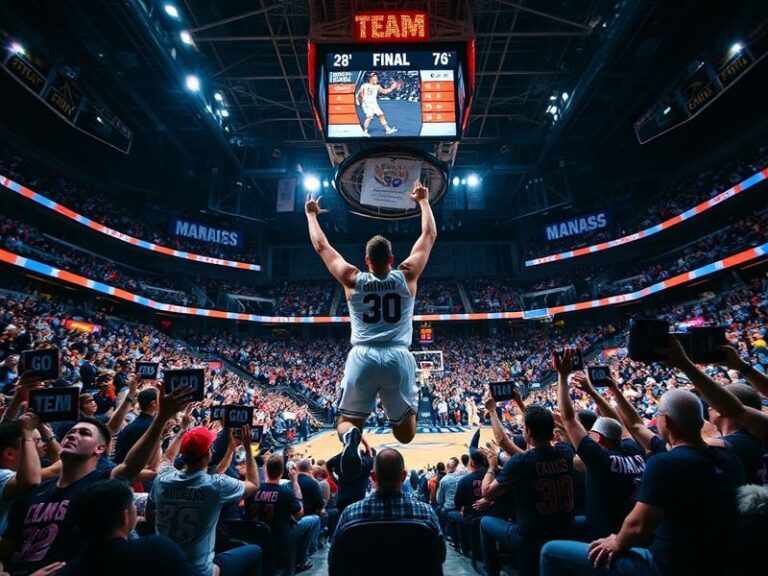 A vibrant scene at a packed college basketball arena during March Madness, with fans in team colors holding up banners, a sco
