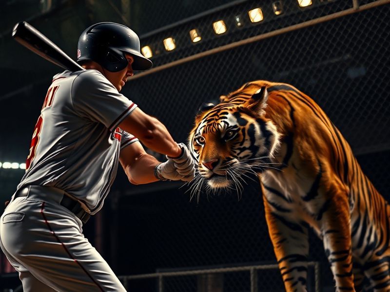 A split-screen image of Comerica Park in Detroit on one side and Truist Park in Atlanta on the other, with a baseball flying
