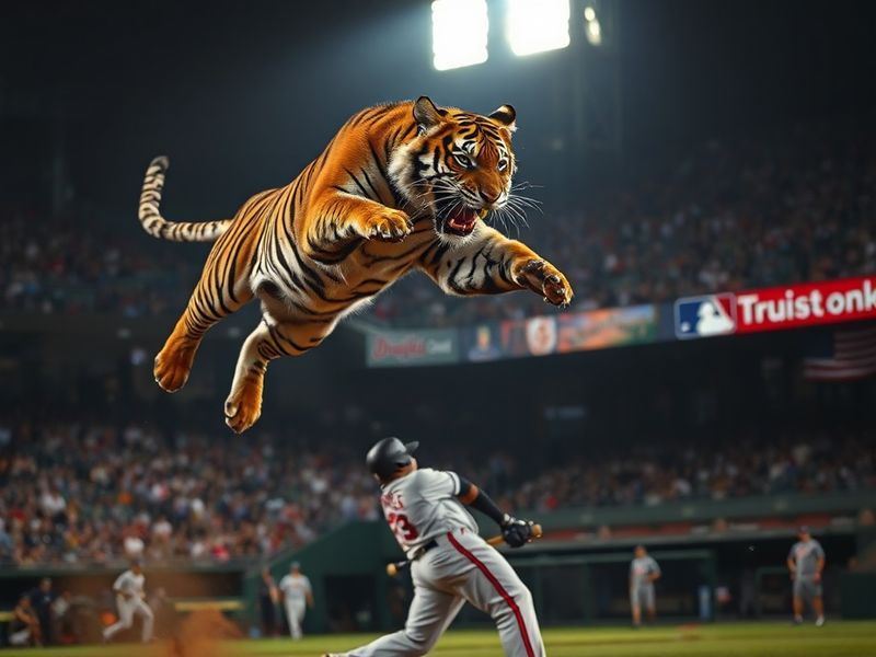 A split-image photo: left side shows Comerica Park in Detroit with snow-capped stands, right side shows Truist Park in Atlant