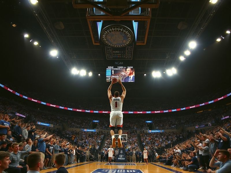 A dynamic shot of a packed college basketball arena during a tense March Madness game, with fans in colorful jerseys, a score