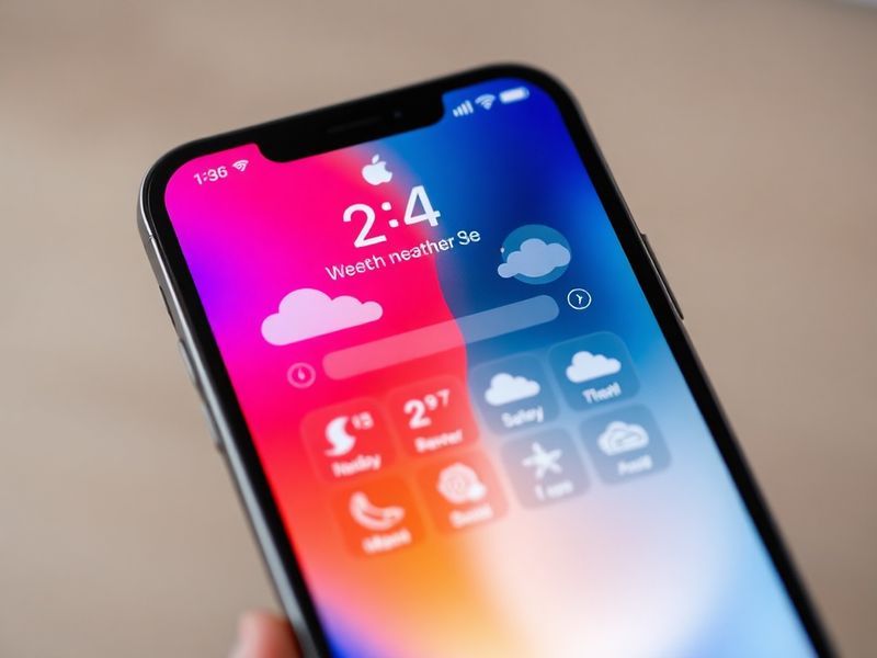 A sleek smartphone displaying the Apple Weather app interface with animated backgrounds, set against a backdrop of a city sky