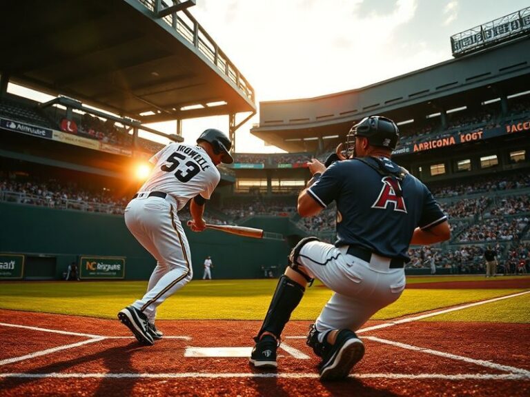 A vibrant baseball stadium at dusk, showing players from both teams in action, with the Diamondbacks' teal uniforms and Brewe
