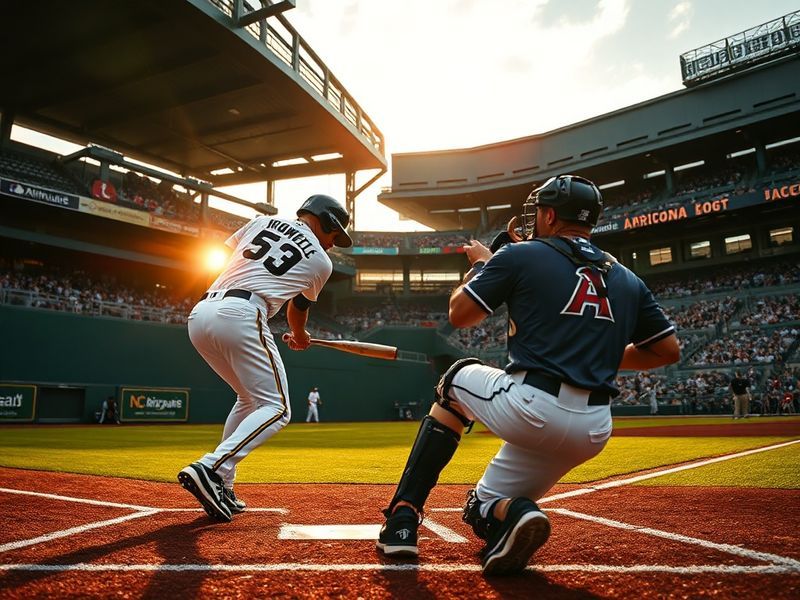 A vibrant baseball stadium at dusk, showing players from both teams in action, with the Diamondbacks' teal uniforms and Brewe