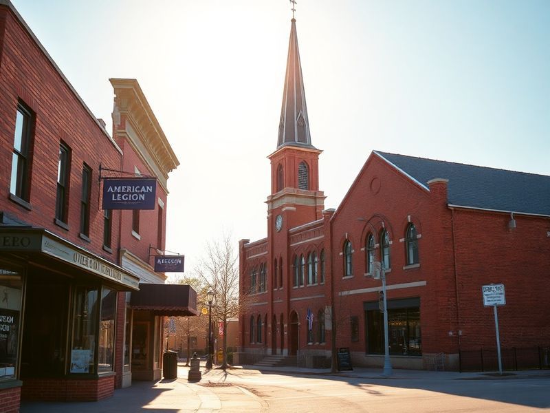 Aerial view of Germantown Illinois, showcasing its quaint downtown, historic St. Boniface Church, and surrounding farmland un