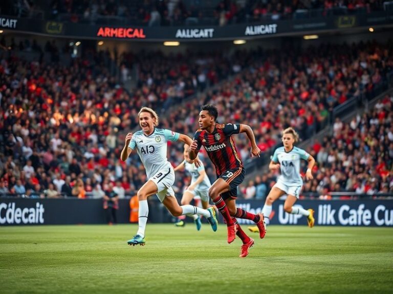 A vibrant soccer stadium atmosphere at Mercedes-Benz Stadium in Atlanta, showing fans in black-and-red scarves and banners, w