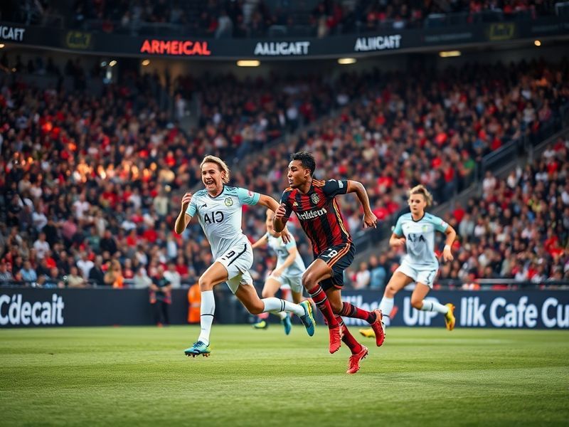 A vibrant soccer stadium atmosphere at Mercedes-Benz Stadium in Atlanta, showing fans in black-and-red scarves and banners, w