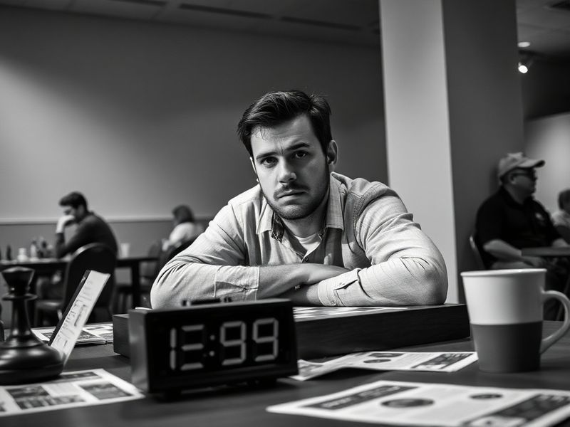 A dynamic shot of Greg Shahade teaching a young child chess, with a chessboard in focus and a classroom setting in the backgr