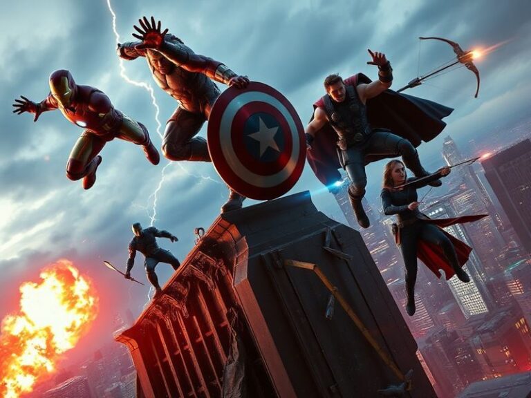 A dramatic cinematic shot of the Avengers in a storm-lit cityscape, with shattered buildings and ominous skies, reflecting th