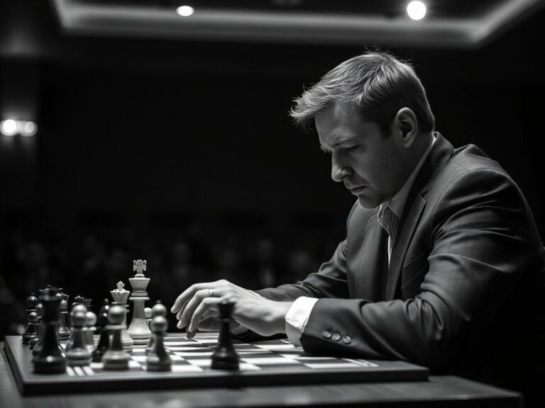 A dynamic photo of Greg Shahade analyzing a chess position during a tournament, with a large screen displaying the chessboard