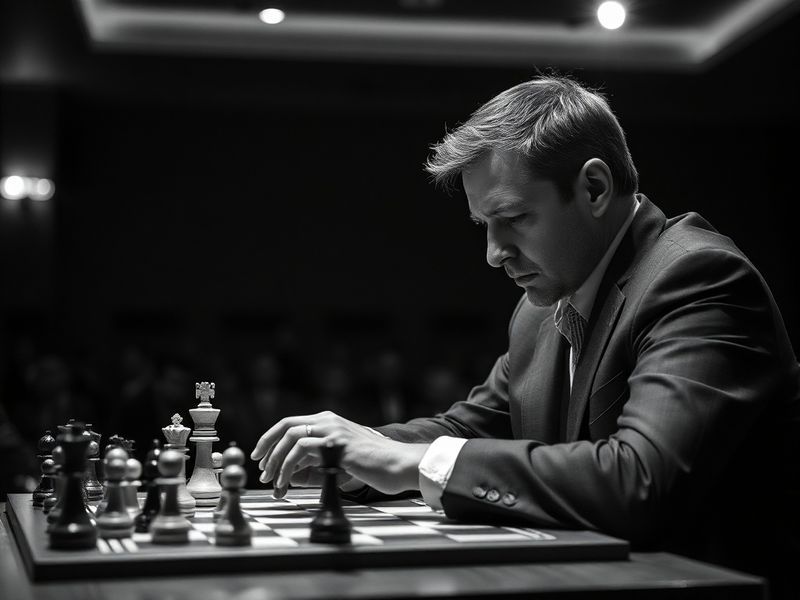 A dynamic photo of Greg Shahade analyzing a chess position during a tournament, with a large screen displaying the chessboard