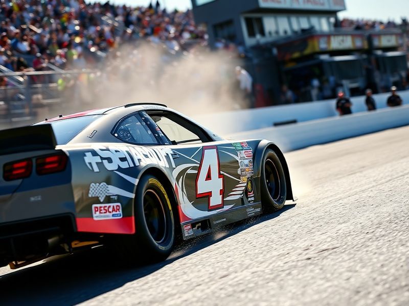 A dynamic shot of Kevin Harvick in his No. 4 Ford, mid-race with a focused expression, surrounded by competitors under bright
