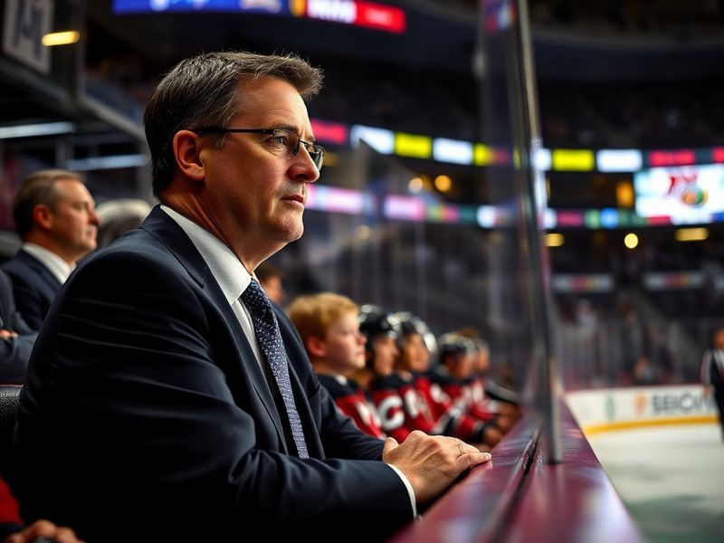 A dynamic action shot of Bruce Cassidy coaching the Boston Bruins during a game, with players like Patrice Bergeron and David