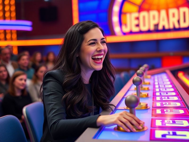 A split-screen image of Alice on the Jeopardy! stage with the game board behind her. She is smiling confidently while holding