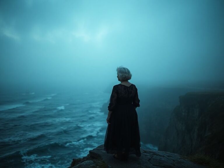 A misty, rugged coastline with steep cliffs and dark waters under a stormy sky. A lone figure stands at a safe distance, gazi