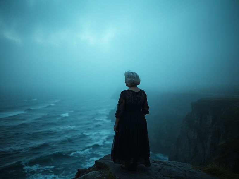 A misty, rugged coastline with steep cliffs and dark waters under a stormy sky. A lone figure stands at a safe distance, gazi