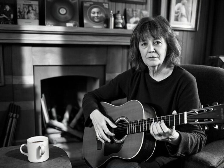 A black-and-white photograph of Beverley Martyn in a 1960s folk club, singing into a microphone with an acoustic guitar besid