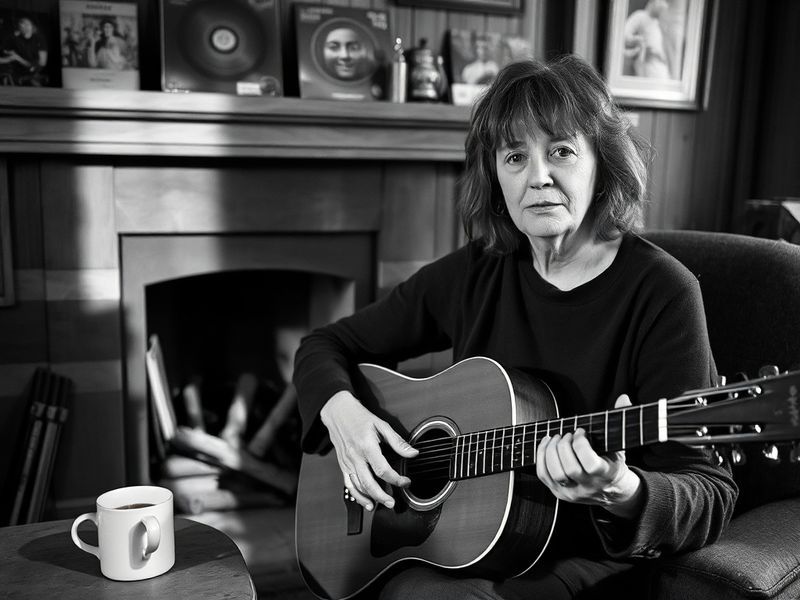 A black-and-white photograph of Beverley Martyn in a 1960s folk club, singing into a microphone with an acoustic guitar besid
