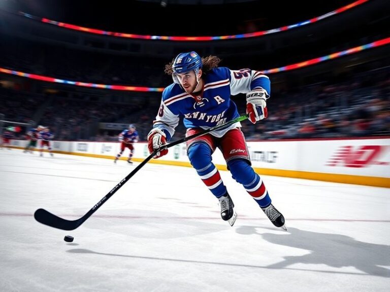 A dynamic action shot of Mats Zuccarello in a New York Rangers jersey, mid-play with the puck, set against the backdrop of Ma
