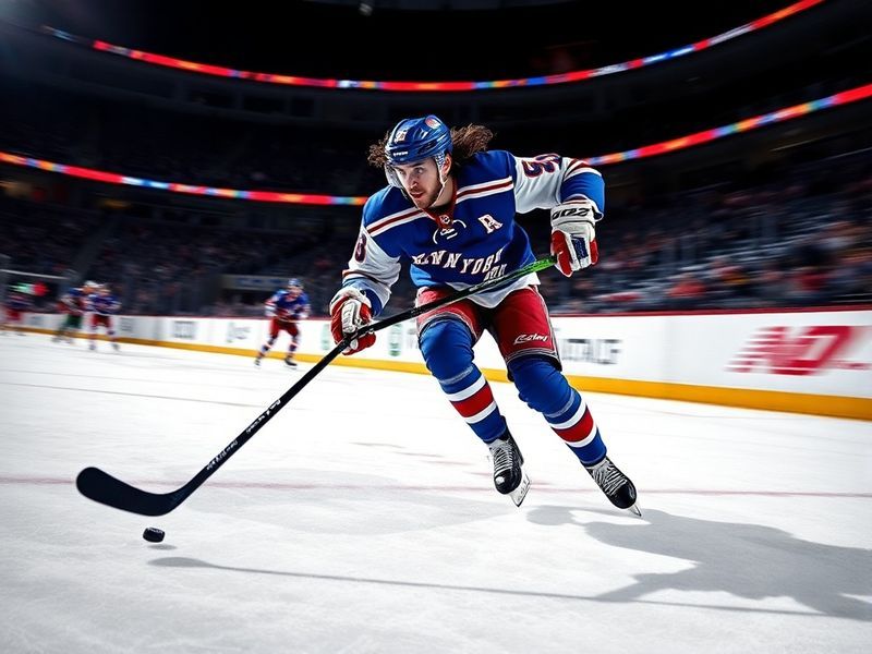 A dynamic action shot of Mats Zuccarello in a New York Rangers jersey, mid-play with the puck, set against the backdrop of Ma