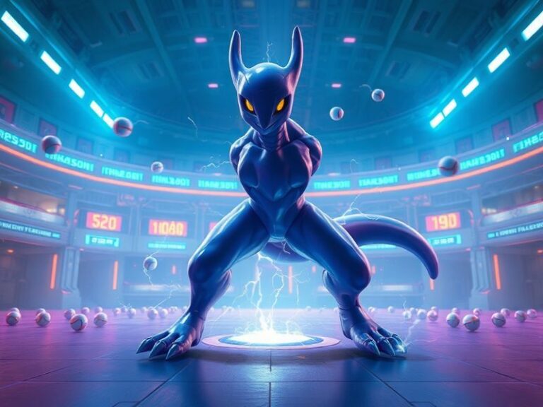 A dynamic in-game scene of Mega Mewtwo X and Y battling in a Pokémon GO raid, with fiery energy effects and swirling psychic