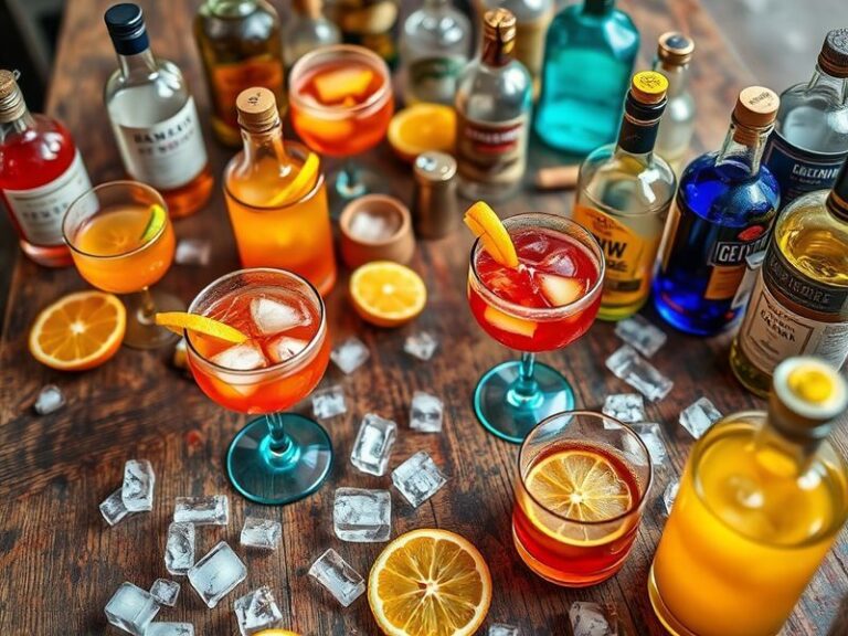 A stylish flat lay of a wooden table with a vintage glass decanter, crystal glasses filled with amber liquid, fresh citrus sl