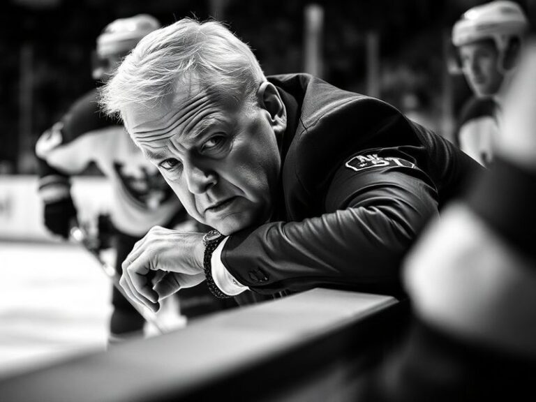 A mid-game action shot of Lindy Ruff in a dark suit, standing behind the bench, focused on the ice with a serious expression.