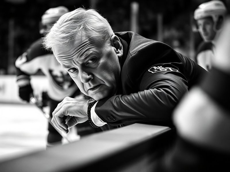 A mid-game action shot of Lindy Ruff in a dark suit, standing behind the bench, focused on the ice with a serious expression.