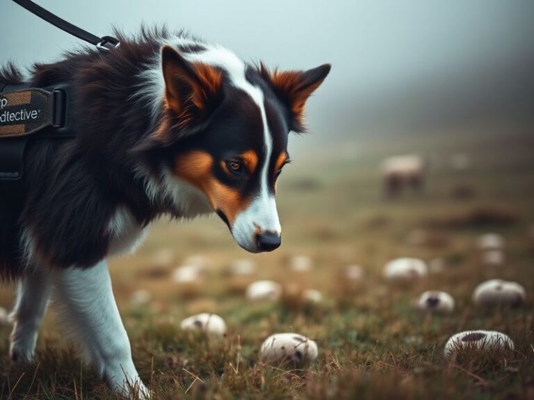 A police officer in rural New Zealand kneeling beside a trained sheep, which is sniffing the ground. The background shows rol