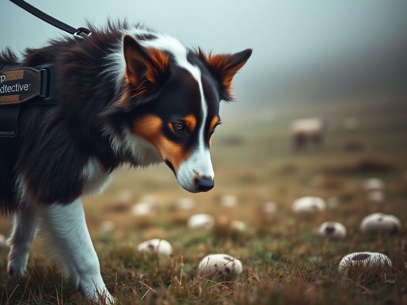 A police officer in rural New Zealand kneeling beside a trained sheep, which is sniffing the ground. The background shows rol