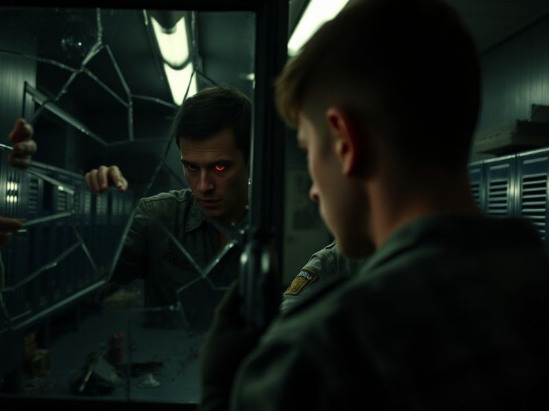 A tense scene from The Boys Season 5 Episode 5: Homelander stands in a shattered mirror, his reflection fractured and distort