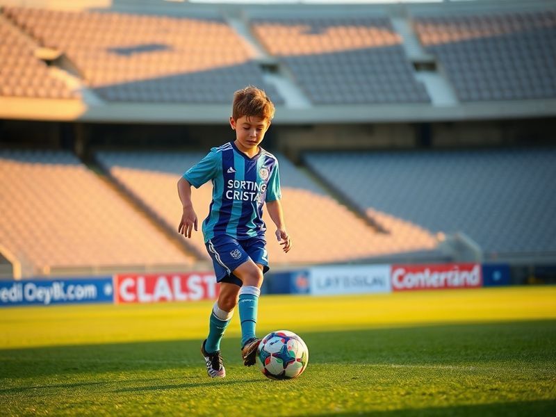 A dynamic action shot of Sporting Cristal's junior player mid-dribble during a match, wearing the club's iconic blue and whit