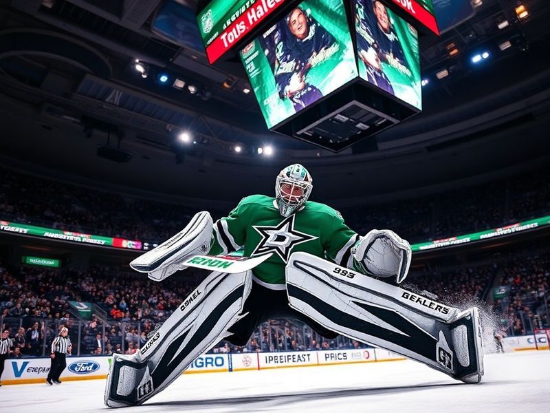 A dynamic action shot of Jake Oettinger in net for the Dallas Stars, mid-save with the puck in mid-air, wearing his white and