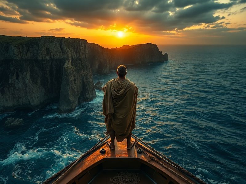 A cinematic scene from The Odyssey movie: Odysseus (Arnie Hammer) standing on a rocky coastline at sunset, gazing at the sea