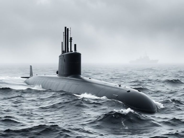 A black-and-white photograph of HMS Trump surfacing during a Cold War-era patrol, showing its conning tower and deck gun agai