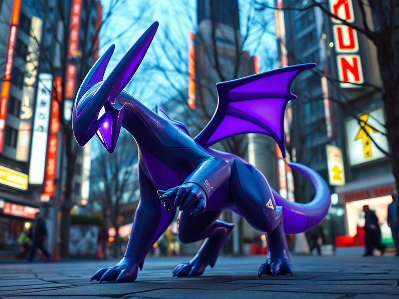 A vibrant scene of players gathered in a public park at sunset, holding phones up to participate in a Mega Mewtwo raid. Some