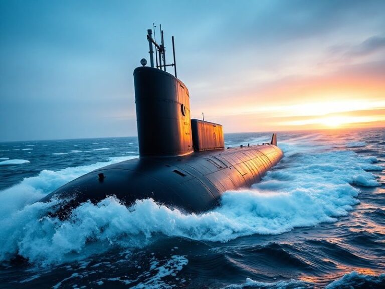 A detailed view of HMS Trump, a Trafalgar-class nuclear-powered attack submarine, surfacing in the open ocean with a grey hul