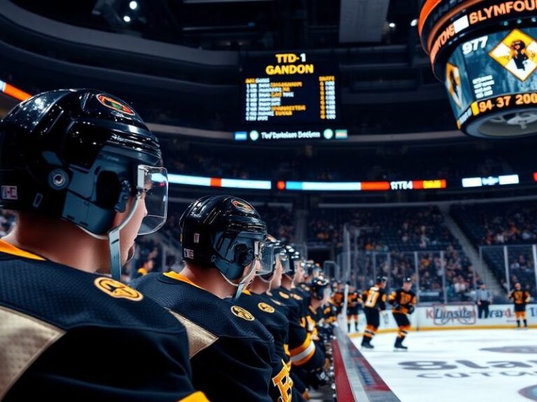A split-image visual: Left side shows the Boston Bruins celebrating at TD Garden with fans, right side depicts a packed arena