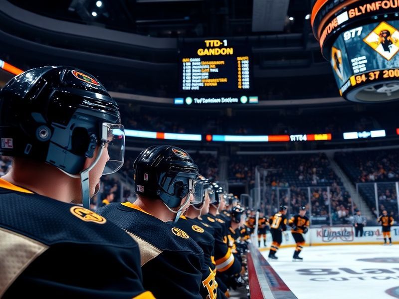 A split-image visual: Left side shows the Boston Bruins celebrating at TD Garden with fans, right side depicts a packed arena