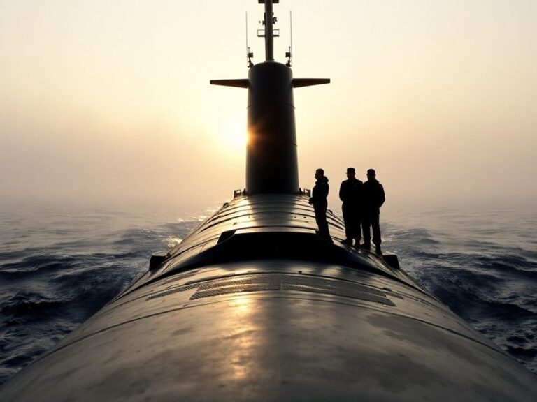 A sleek, modern HMS Trump submarine cutting through dark blue ocean waters, with a focus on its streamlined hull and advanced